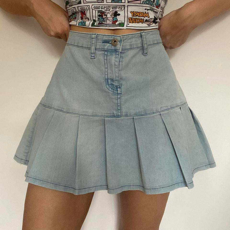 Y2k blue denim pleated mini skirt w31”