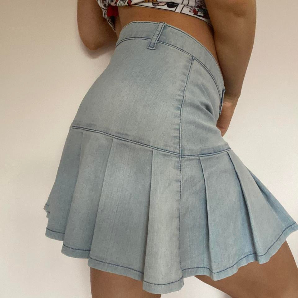 Y2k blue denim pleated mini skirt w31”