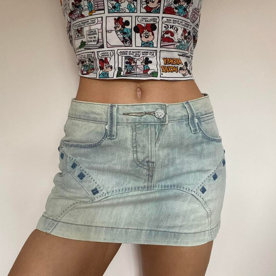 Y2k denim light blue micro mini skirt w32”