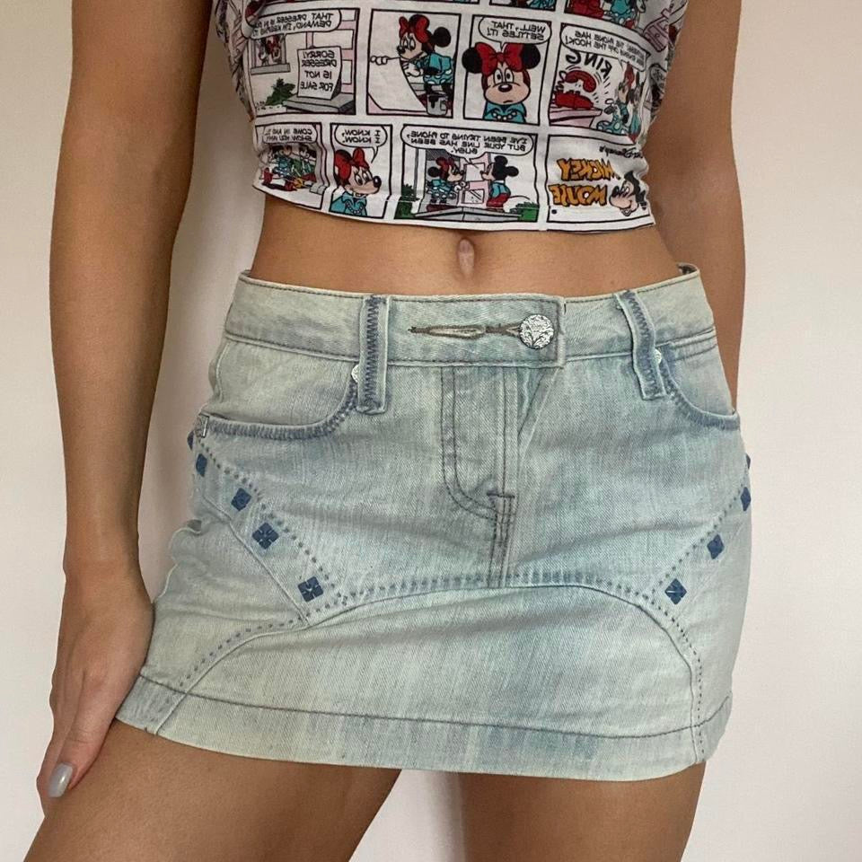 Y2k denim light blue micro mini skirt w32”