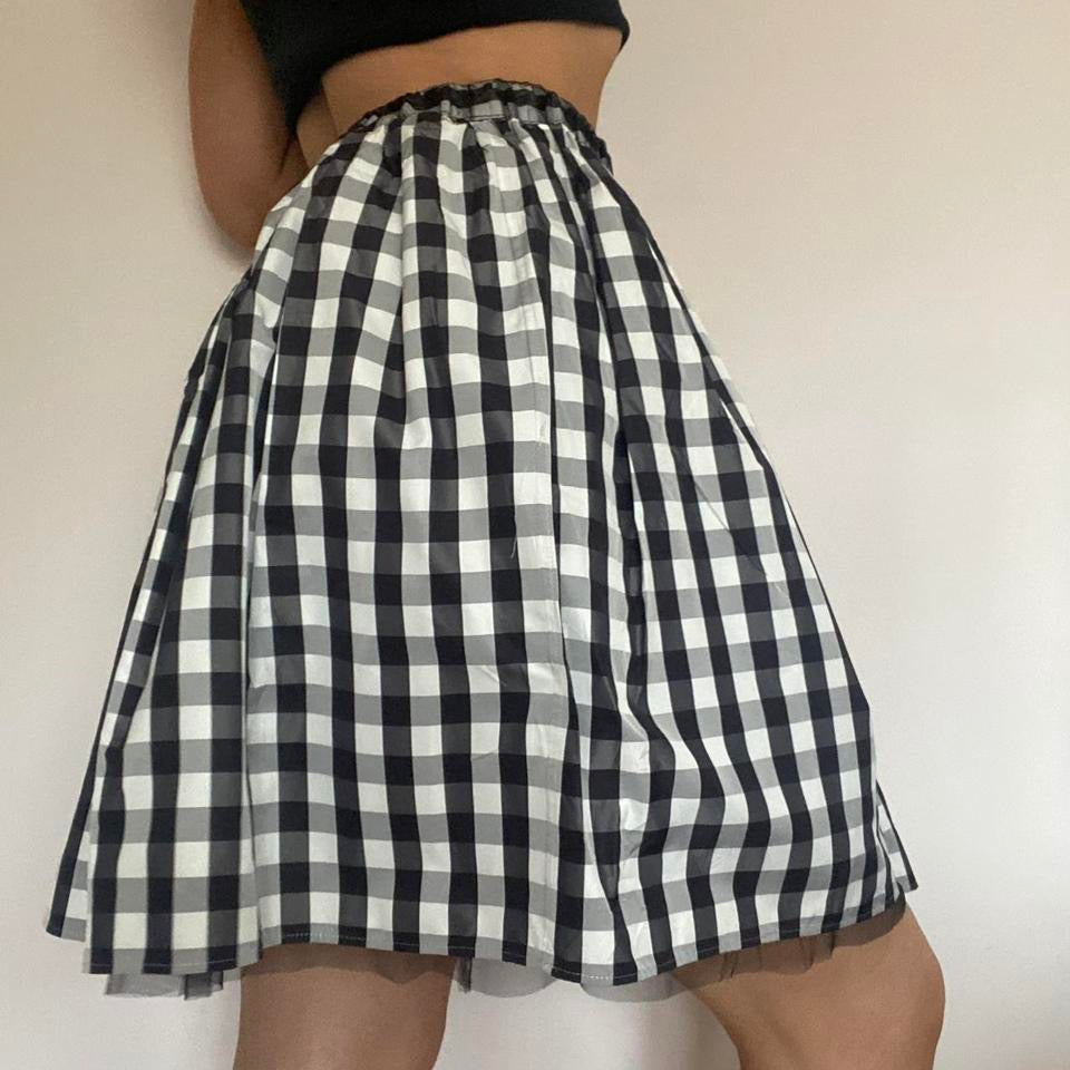 White and black checked gingham puffy mini skirt XS