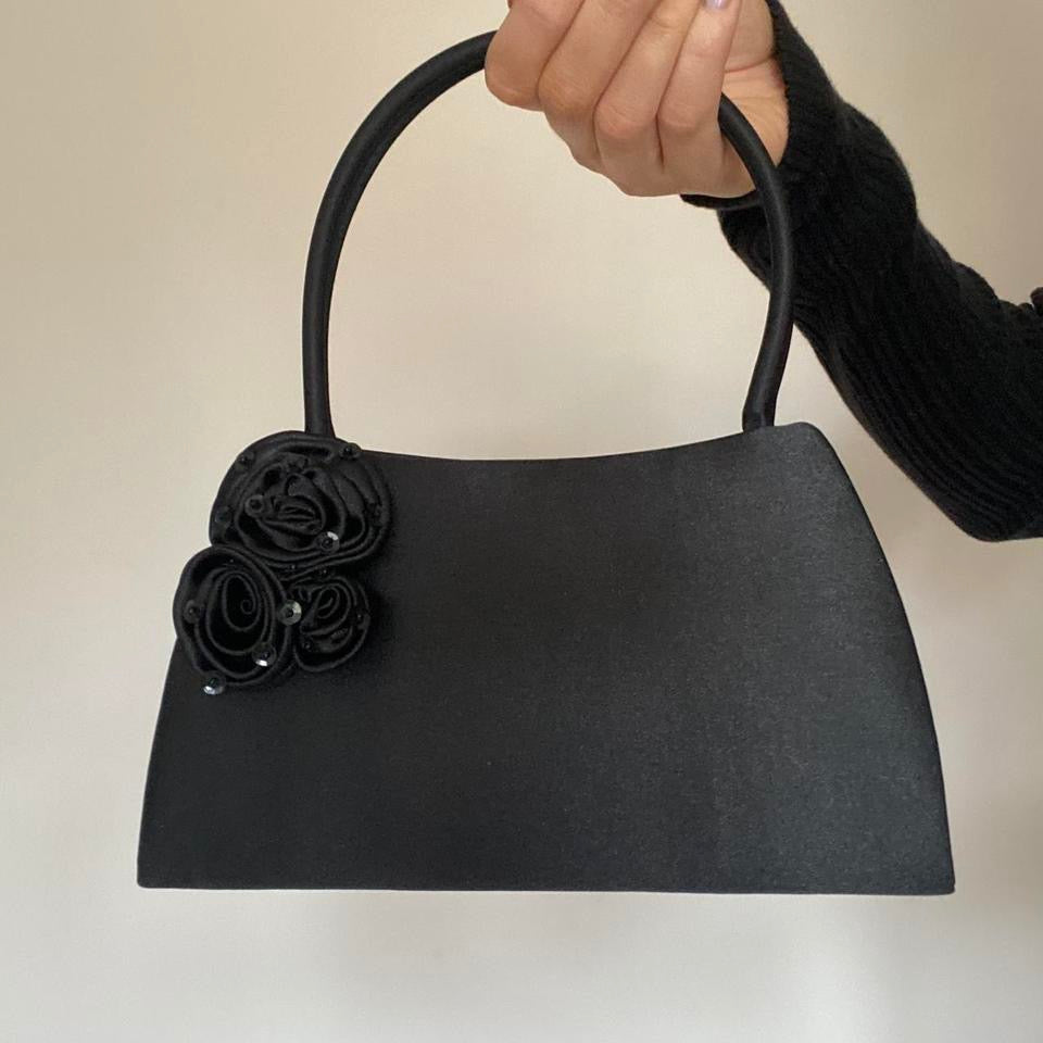 Black satin floral detailed mini bag