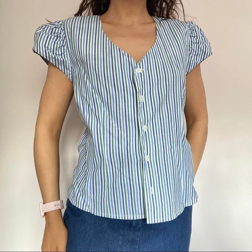 100% cotton blue and white striped milkmaid blouse medium