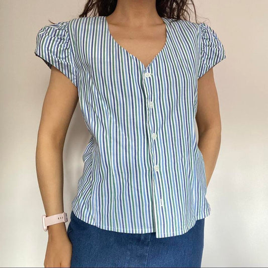 100% cotton blue and white striped milkmaid blouse medium