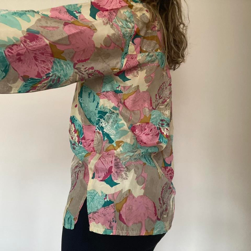 100% silk pink & multicoloured floral shirt small