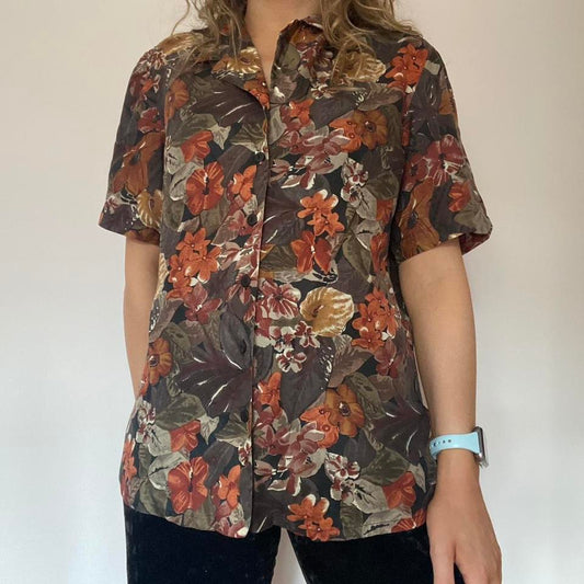 100% silk brown floral shirt medium