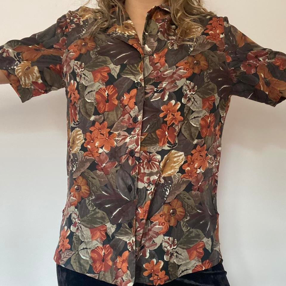 100% silk brown floral shirt medium