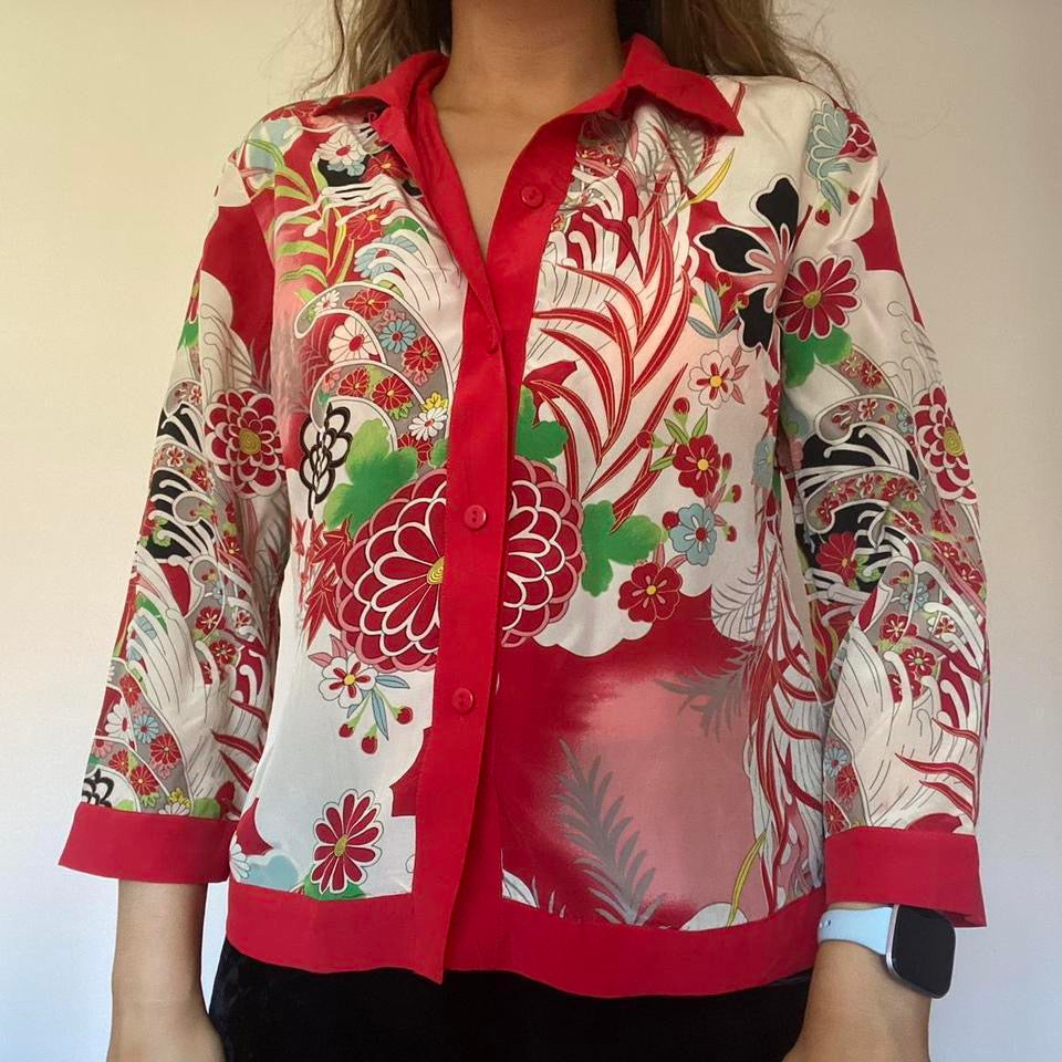 100% silk red and cream floral shirt small