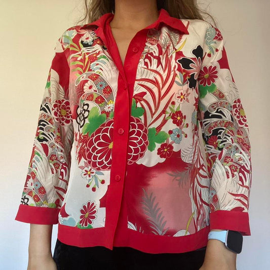 100% silk red and cream floral shirt small