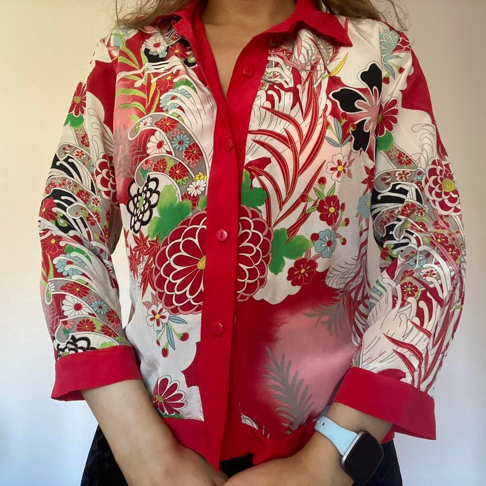 100% silk red and cream floral shirt small