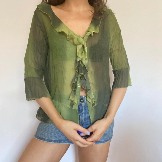 00s green ruffle mesh blouse medium