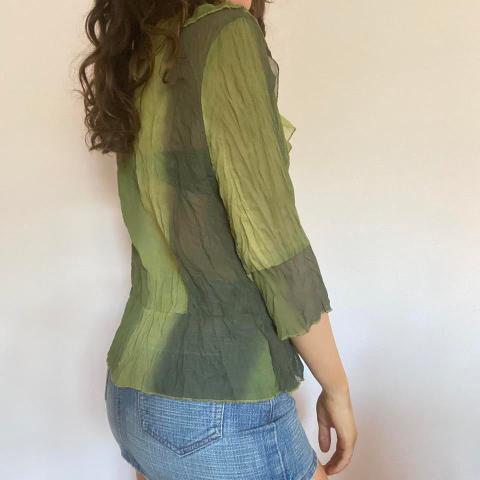 00s green ruffle mesh blouse medium