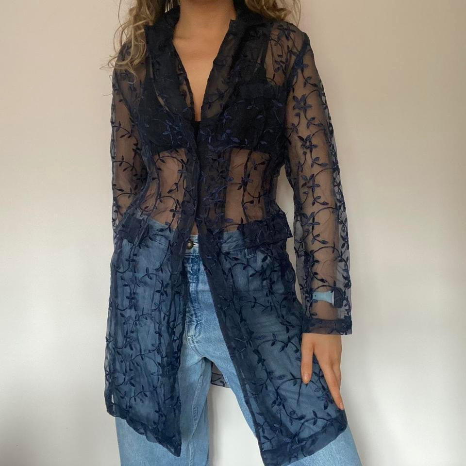 Navy floral mesh blazer style shirt small