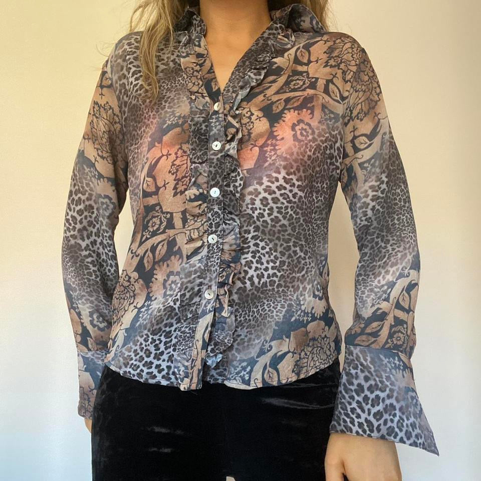 Leopard print & floral sheer shirt small