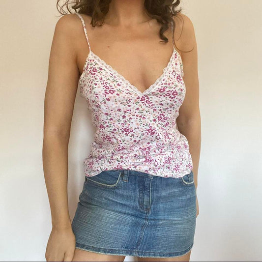 00s 100% cotton floral white & pink cami top medium