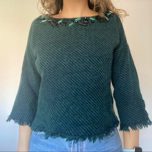 Luisa Spagnoli 100% wool green & navy striped beaded jumper medium