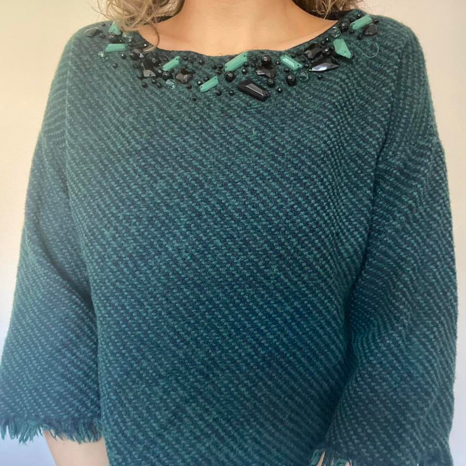 Luisa Spagnoli 100% wool green & navy striped beaded jumper medium
