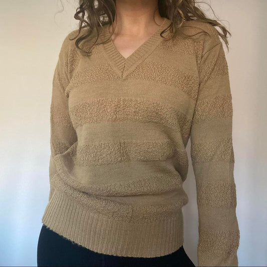 Wool blend brown v-neck striped knit jumper small