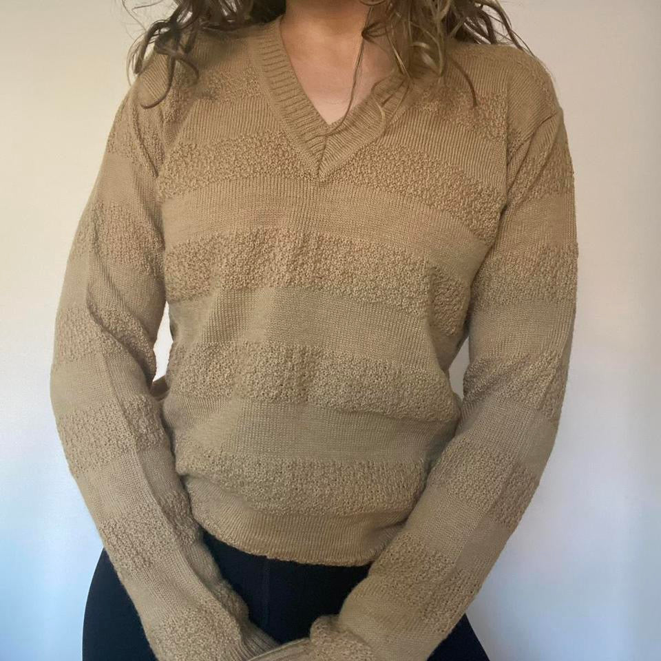 Wool blend brown v-neck striped knit jumper small