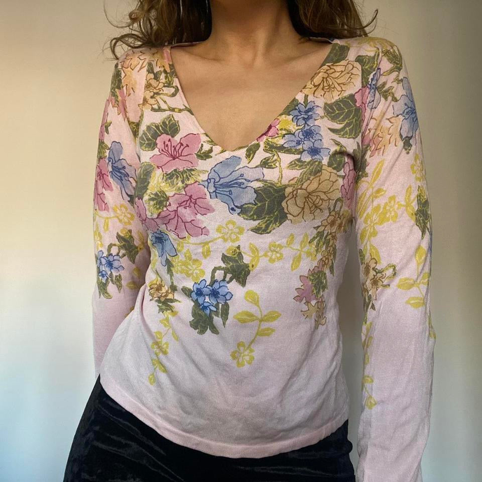 Silk baby pink floral v-neck jumper XS/S