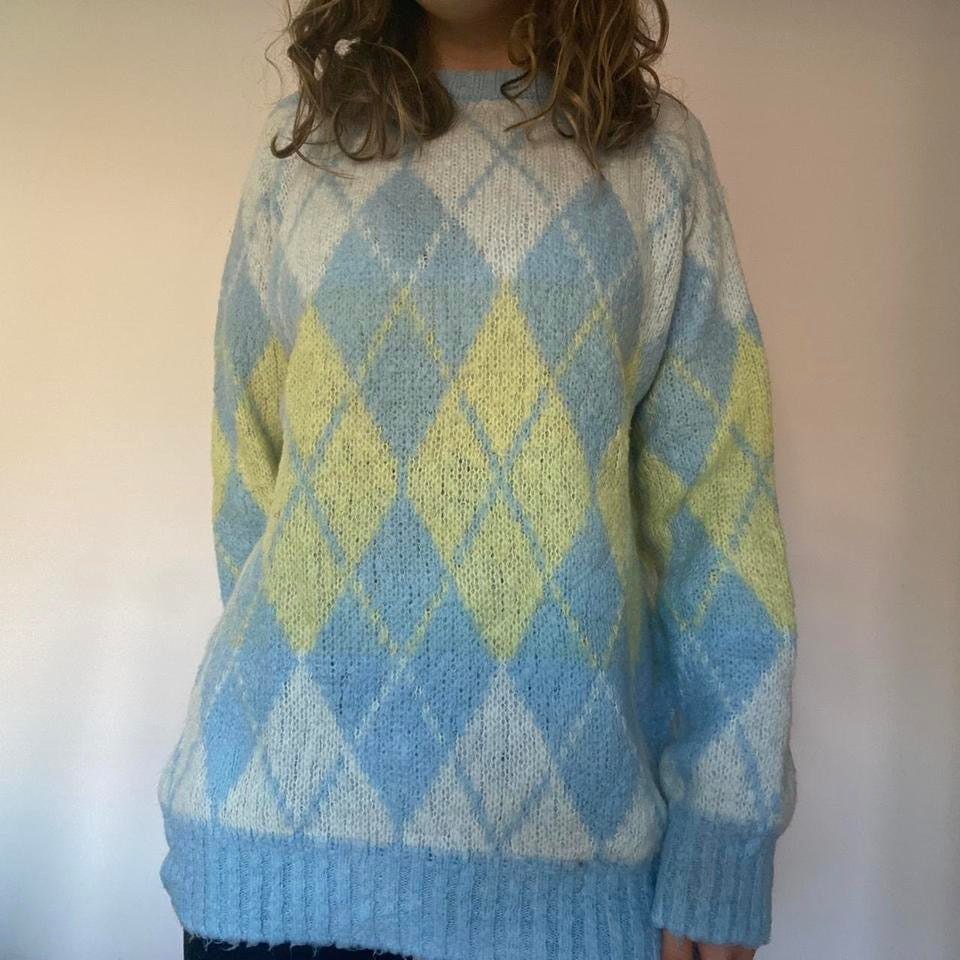 Wool blue & yellow argyle knit jumper XL