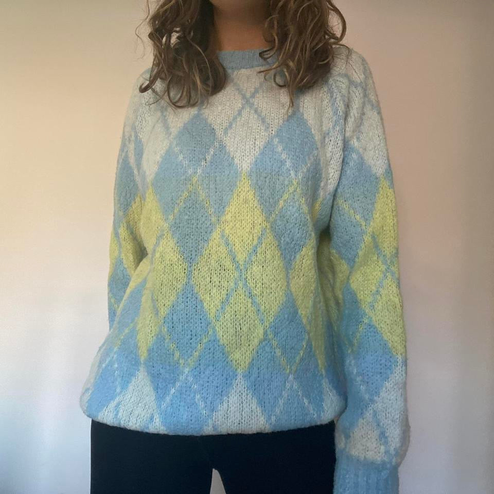 Wool blue & yellow argyle knit jumper XL