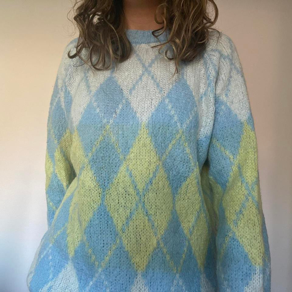 Wool blue & yellow argyle knit jumper XL