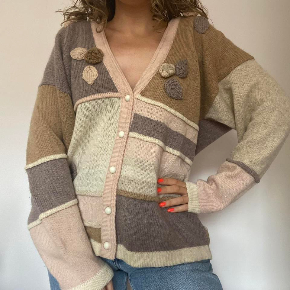 100% wool brown floral & striped v-neck cardigan large