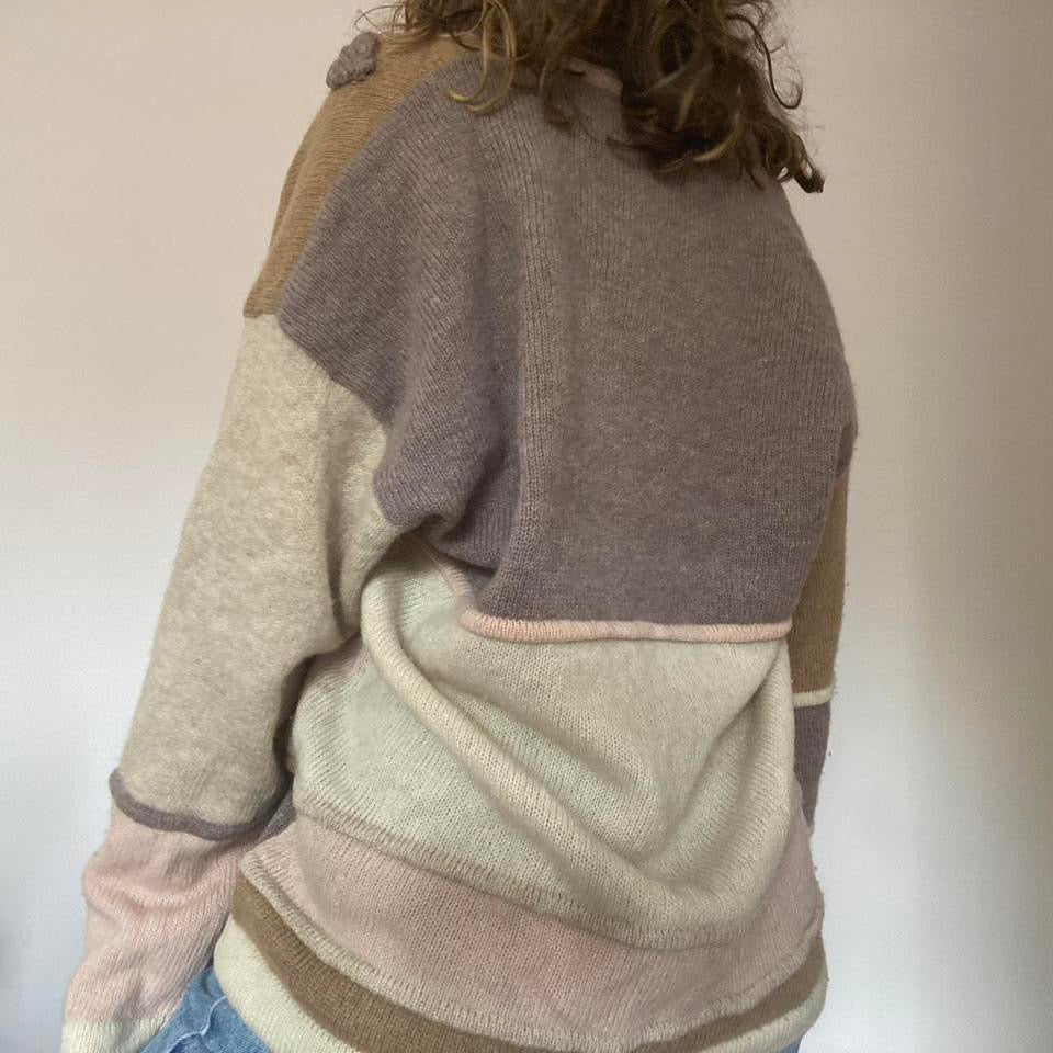 100% wool brown floral & striped v-neck cardigan large