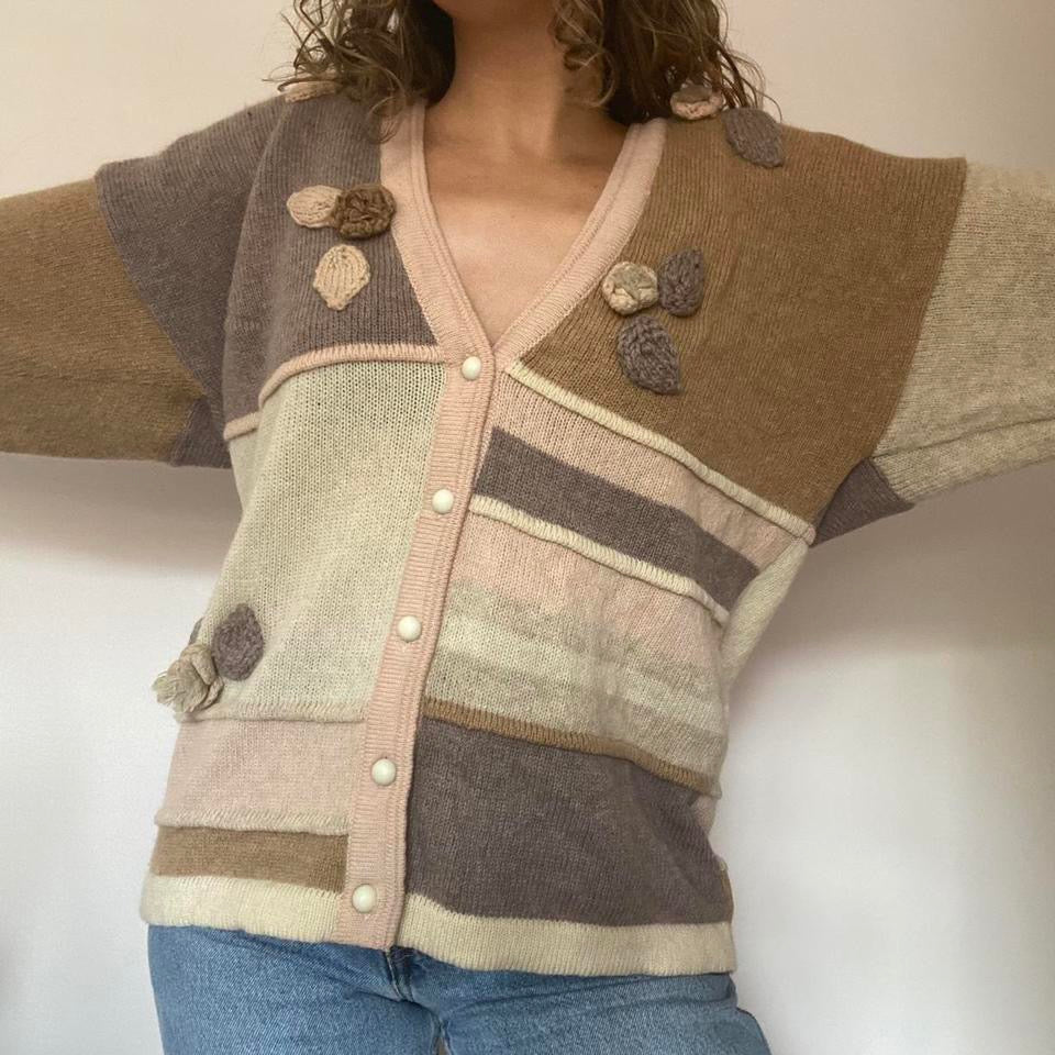 100% wool brown floral & striped v-neck cardigan large