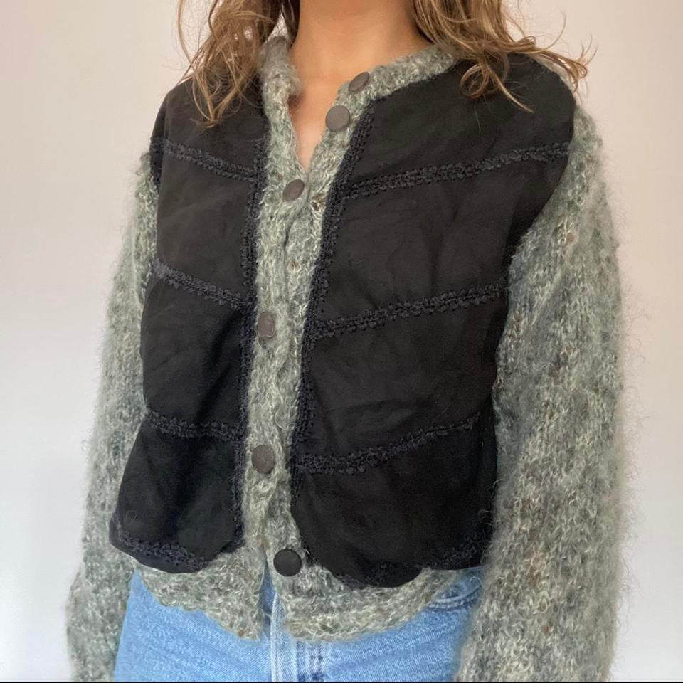 Wool knit cardigan with built in suede waistcoat large