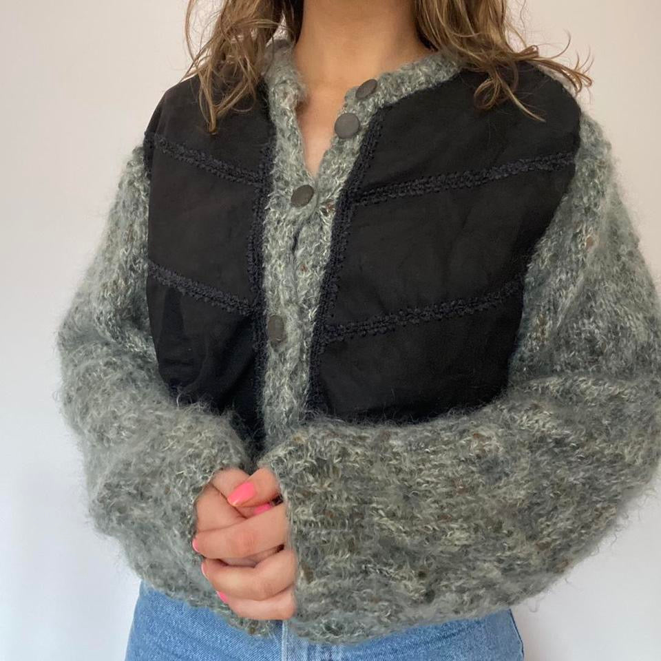Wool knit cardigan with built in suede waistcoat large