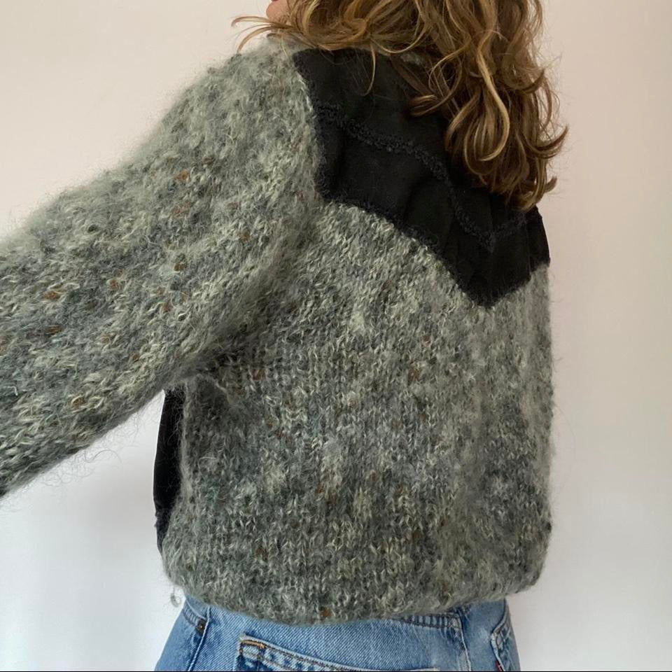 Wool knit cardigan with built in suede waistcoat large