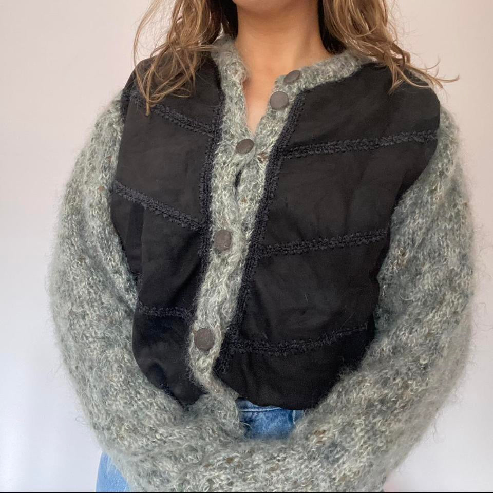 Wool knit cardigan with built in suede waistcoat large