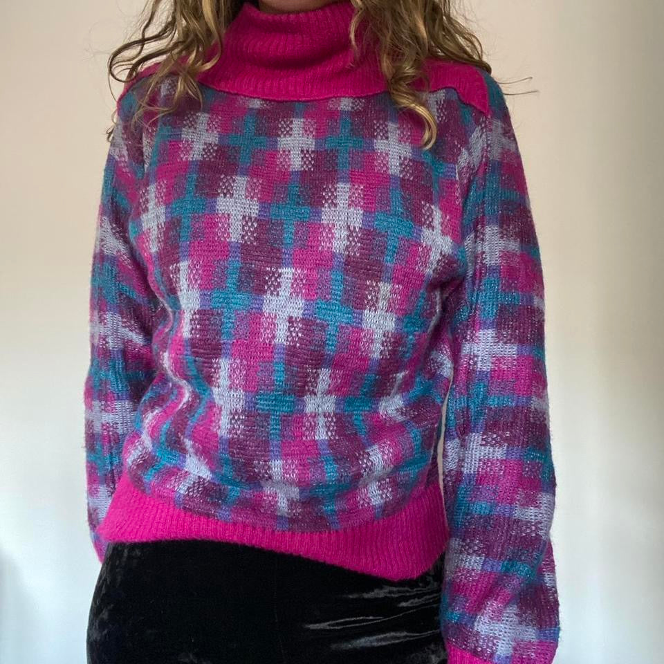 High neck jumper pink & blue checked large
