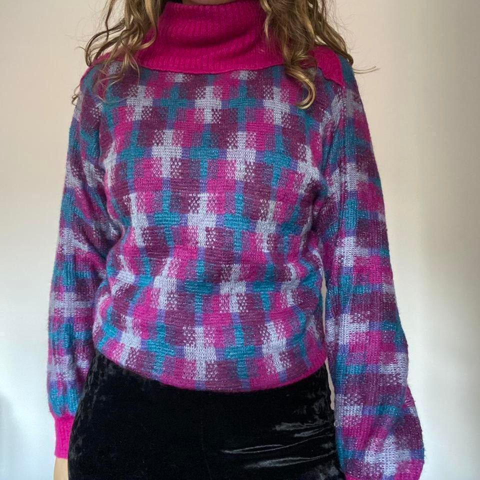 High neck jumper pink & blue checked large