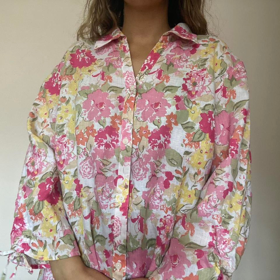 100% cotton bright pink floral shirt large