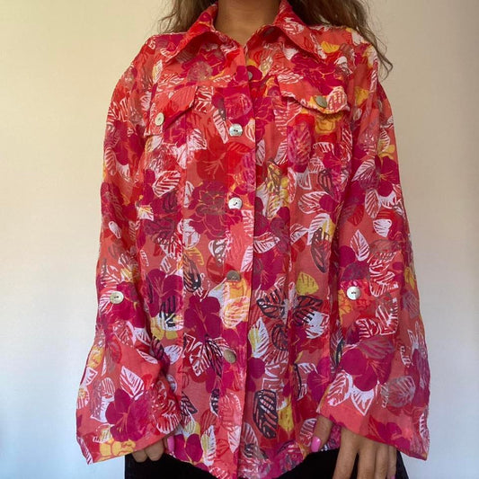Bright pink & coral semi sheer floral shirt XL
