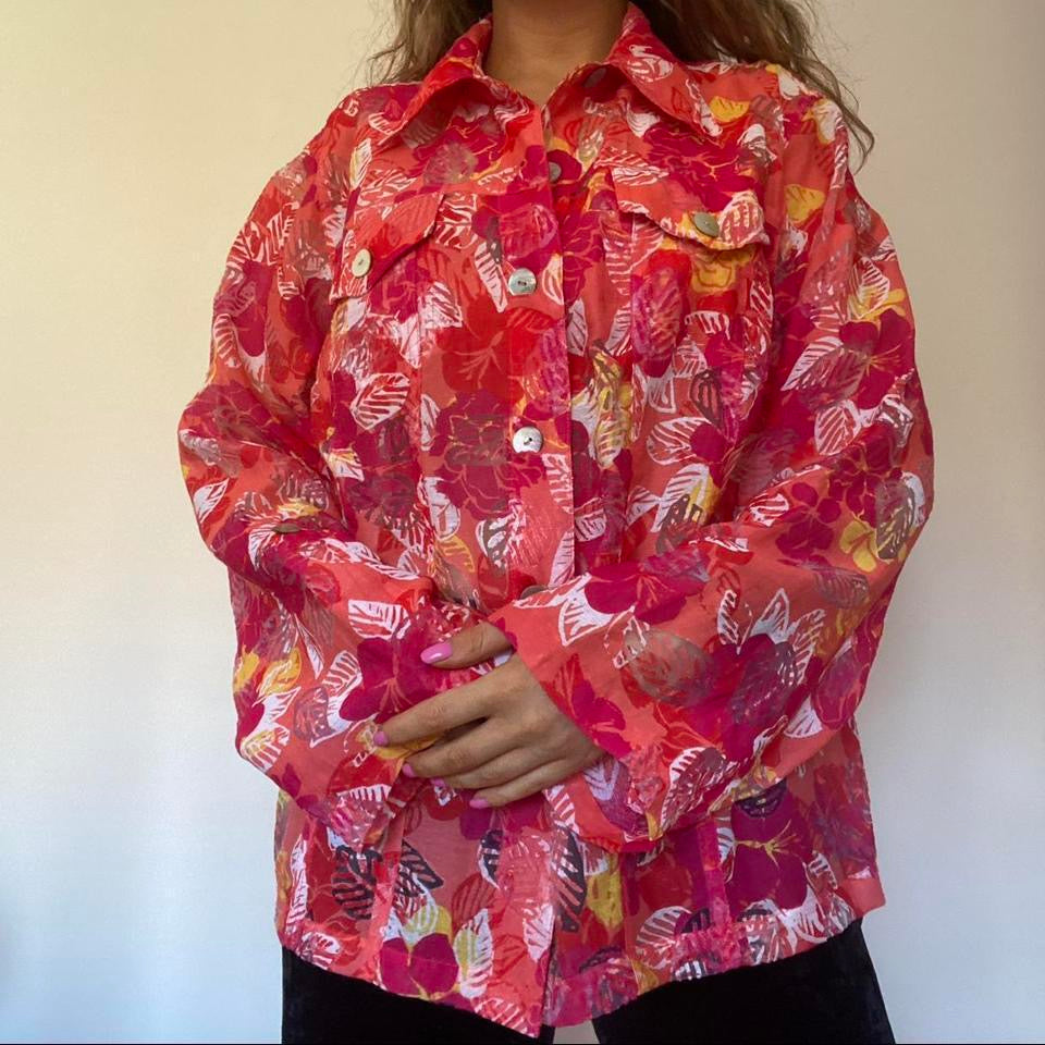 Bright pink & coral semi sheer floral shirt XL