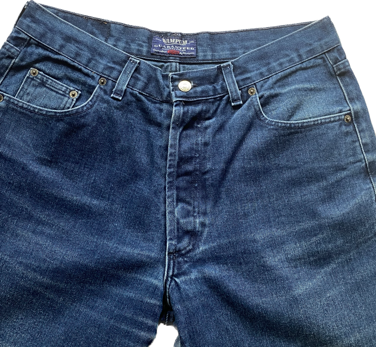 100% cotton navy denim high waisted shorts w35”