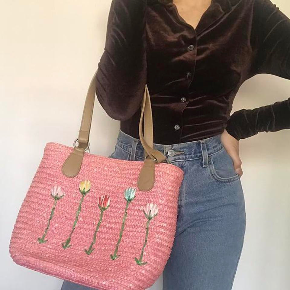 Pink floral woven handbag