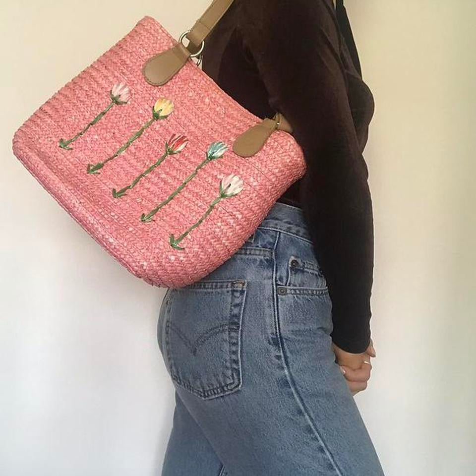 Pink floral woven handbag