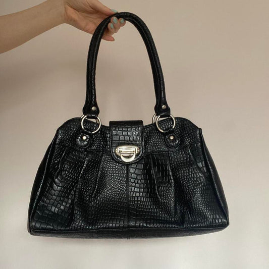 Bergamo black croc skin leather handbag