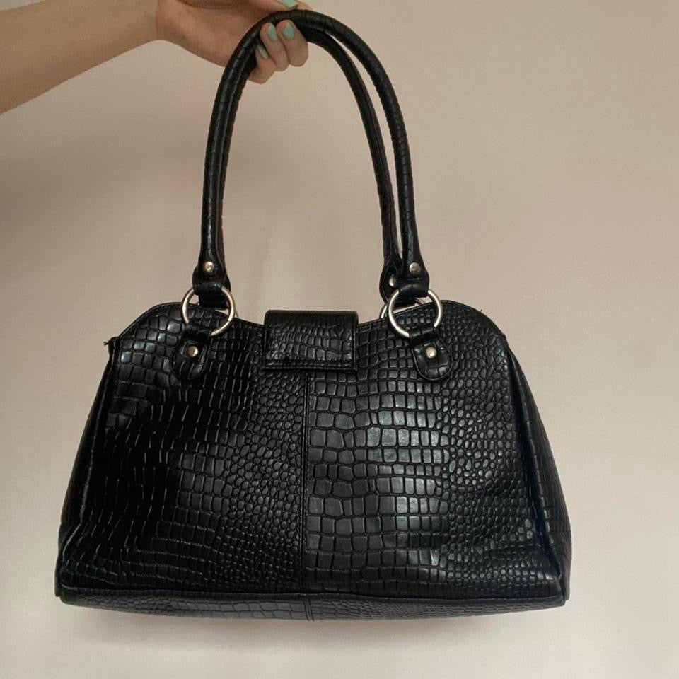 Bergamo black croc skin leather handbag