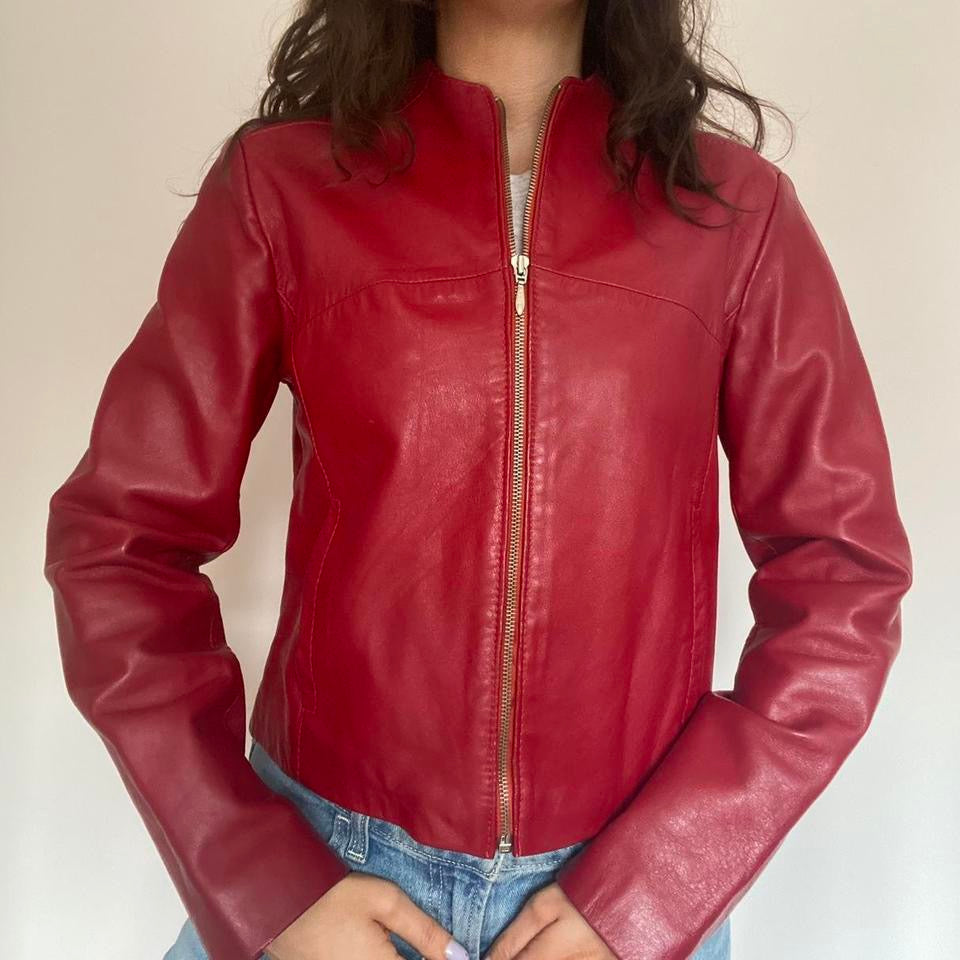 90s cherry red genuine leather jacket small