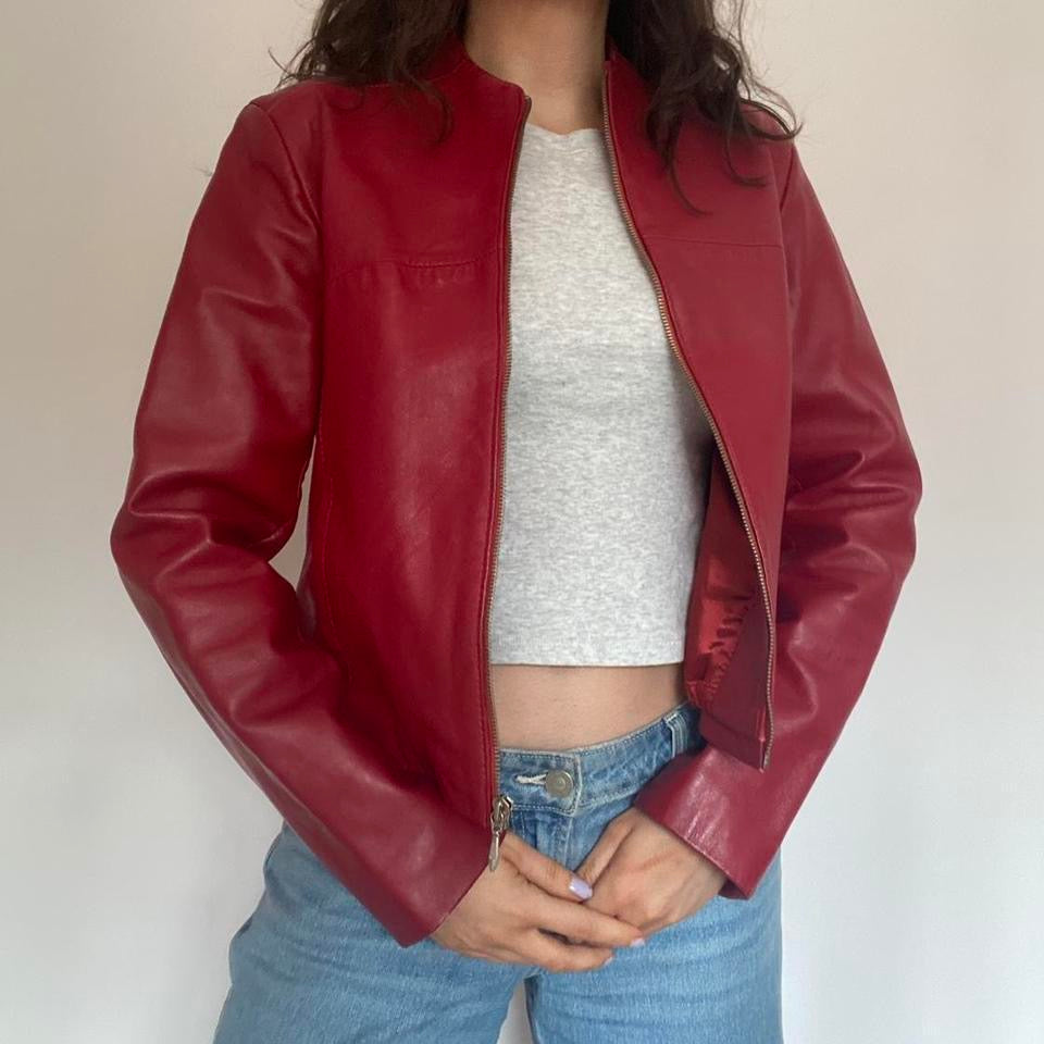 90s cherry red genuine leather jacket small