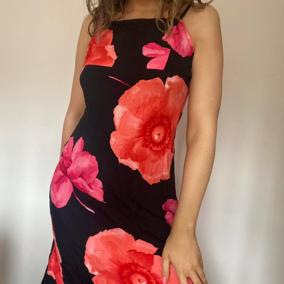 00s square neck black & pink floral midi dress XS