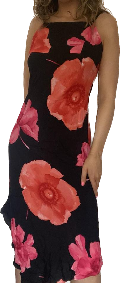 00s square neck black & pink floral midi dress XS