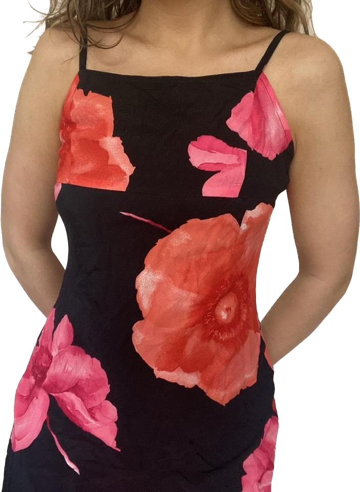 00s square neck black & pink floral midi dress XS