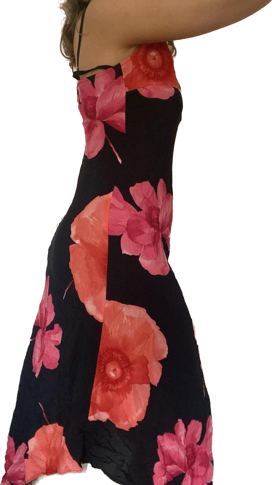 00s square neck black & pink floral midi dress XS